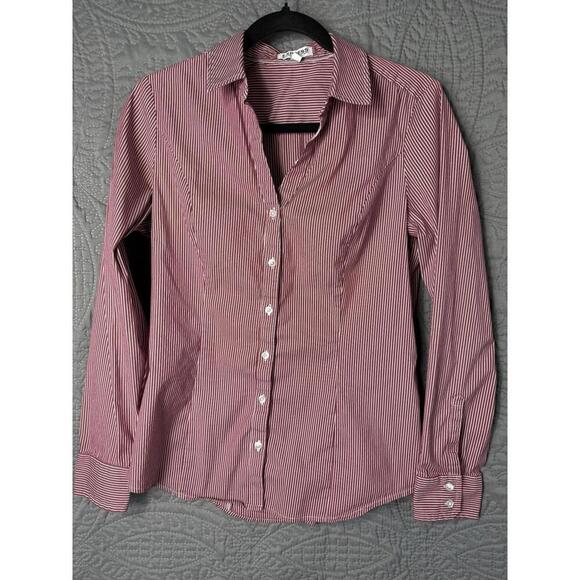 Express Women's Shirt Button Up Red White Striped V-Neck Stretch Classic Top M - Picture 2 of 9